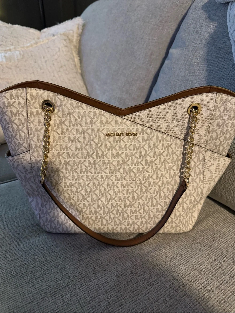 Michael Kors Cream Logo Tote with Brown Trim and Gold Chain Straps